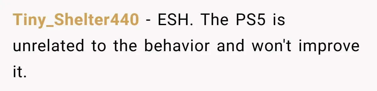 Father Calls Out Son’s Ugly Behavior, Husband Gets Mad About “Tone” In Front Of In-Laws Tiny_Shelter440 - ESH. The PS5 is unrelated to the behavior and won't improve it.