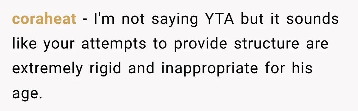 Father Calls Out Son’s Ugly Behavior, Husband Gets Mad About “Tone” In Front Of In-Laws coraheat − I'm not saying YTA but it sounds like your attempts to provide structure are extremely rigid and inappropriate for his age.