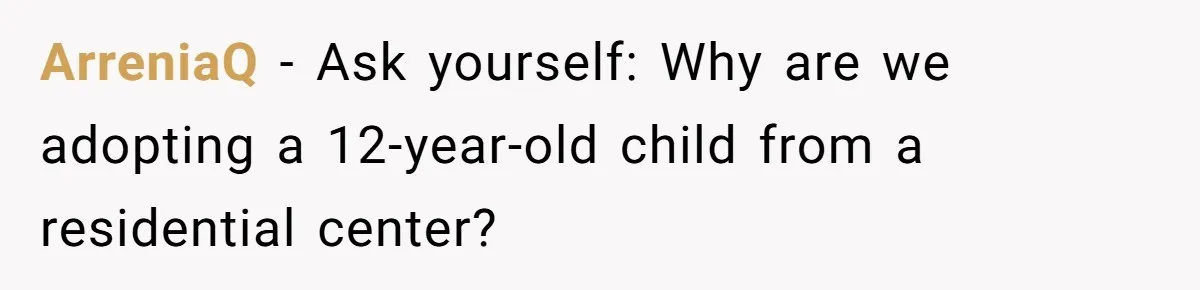 Father Calls Out Son’s Ugly Behavior, Husband Gets Mad About “Tone” In Front Of In-Laws ArreniaQ − Ask yourself: Why are we adopting a 12-year-old child from a residential center?