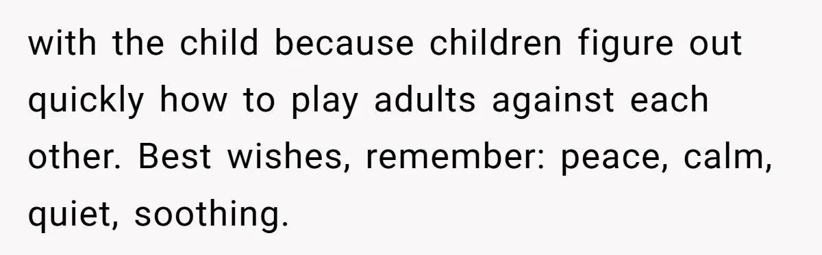 Father Calls Out Son’s Ugly Behavior, Husband Gets Mad About “Tone” In Front Of In-Laws with the child because children figure out quickly how to play adults against each other. Best wishes, remember: peace, calm, quiet, soothing.
