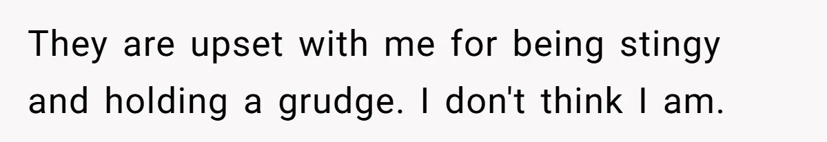 They are upset with me for being stingy and holding a grudge. I don't think I am.