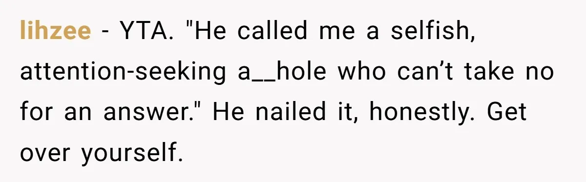lihzee − YTA. "He called me a selfish, attention-seeking a__hole who can’t take no for an answer." He nailed it, honestly. Get over yourself.