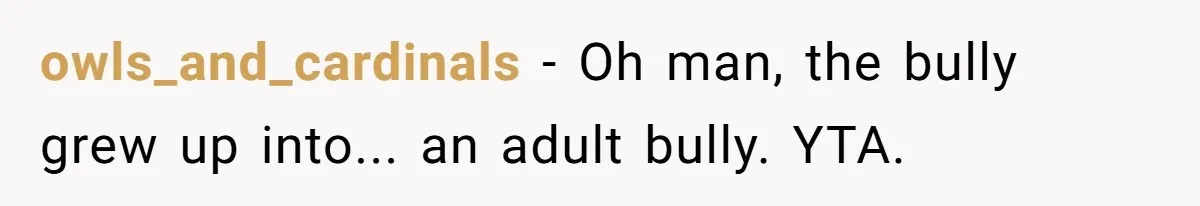 owls_and_cardinals − Oh man, the bully grew up into... an adult bully. YTA.