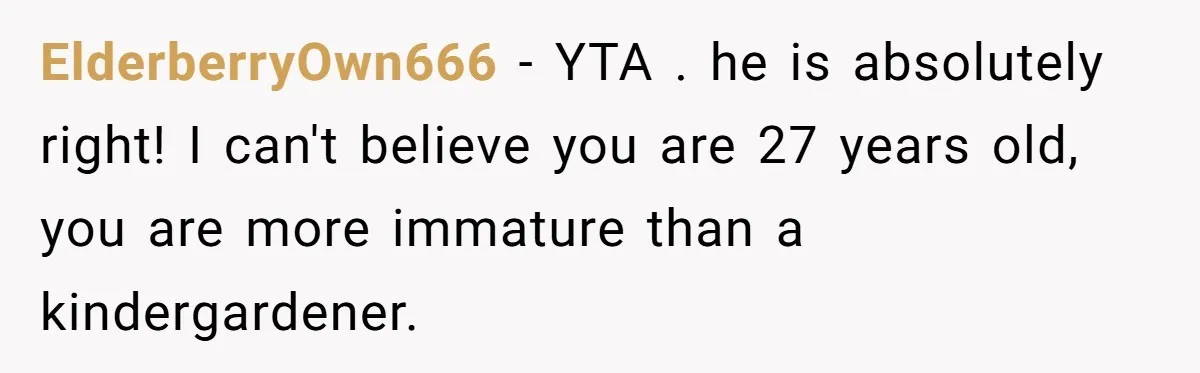 ElderberryOwn666 − YTA . he is absolutely right! I can't believe you are 27 years old, you are more immature than a kindergardener.