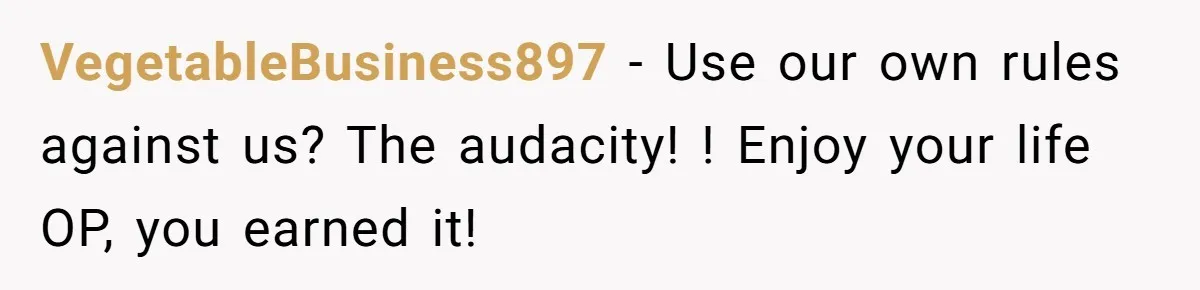 VegetableBusiness897 − Use our own rules against us? The audacity! ! Enjoy your life OP, you earned it!