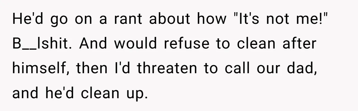 He'd go on a rant about how "It's not me!" B__lshit. And would refuse to clean after himself, then I'd threaten to call our dad, and he'd clean up.