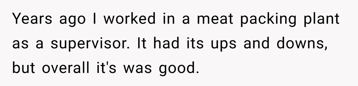 Years ago I worked in a meat packing plant as a supervisor. It had its ups and downs, but overall it's was good.