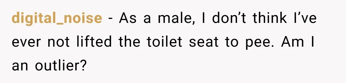 digital_noise − As a male, I don’t think I’ve ever not lifted the toilet seat to pee. Am I an outlier?