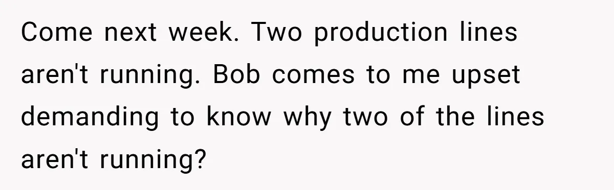 Come next week. Two production lines aren't running. Bob comes to me upset demanding to know why two of the lines aren't running?
