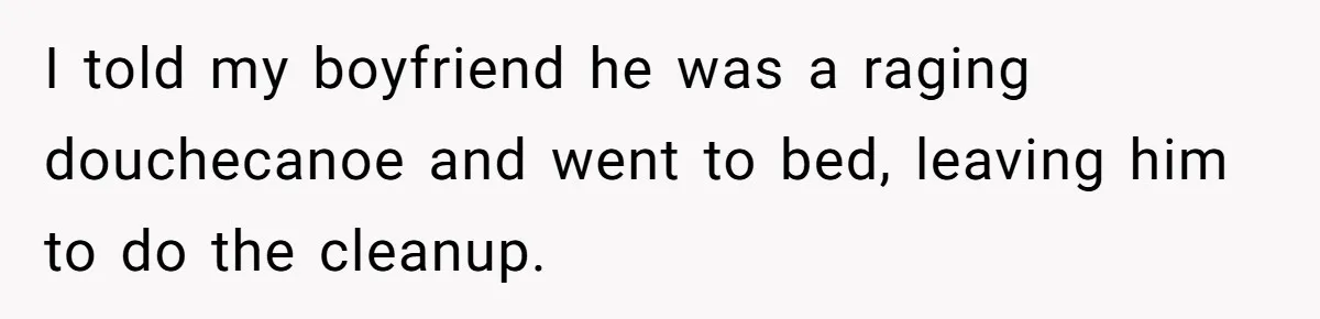 I told my boyfriend he was a raging douchecanoe and went to bed, leaving him to do the cleanup.