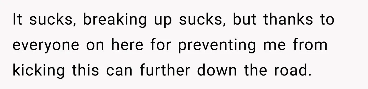 It sucks, breaking up sucks, but thanks to everyone on here for preventing me from kicking this can further down the road.