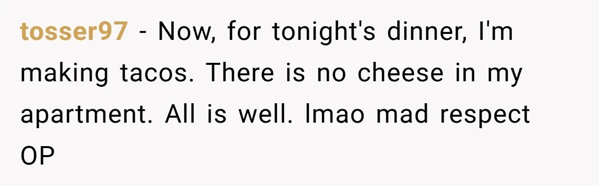 tosser97 − Now, for tonight's dinner, I'm making tacos. There is no cheese in my apartment. All is well. lmao mad respect OP