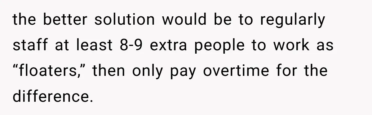 the better solution would be to regularly staff at least 8-9 extra people to work as “floaters,” then only pay overtime for the difference.