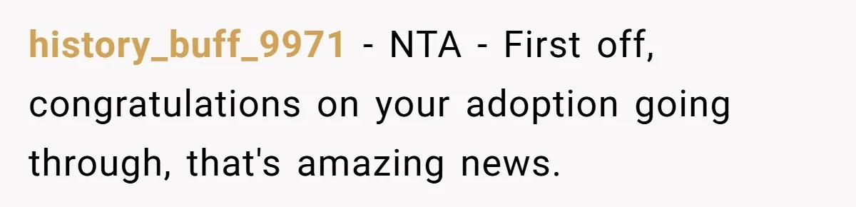 history_buff_9971 − NTA - First off, congratulations on your adoption going through, that's amazing news.