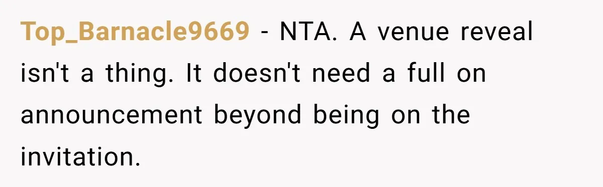 Top_Barnacle9669 − NTA. A venue reveal isn't a thing. It doesn't need a full on announcement beyond being on the invitation.