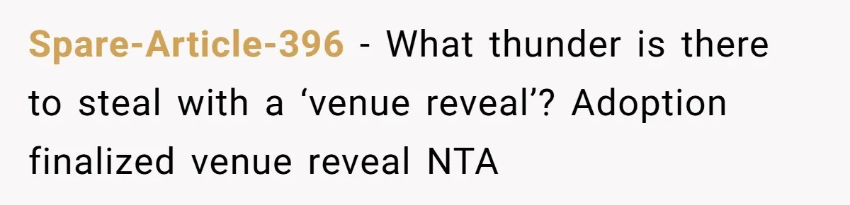 Spare-Article-396 − What thunder is there to steal with a ‘venue reveal’? Adoption finalized venue reveal NTA