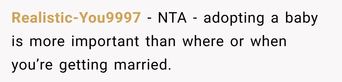 Realistic-You9997 − NTA - adopting a baby is more important than where or when you’re getting married.