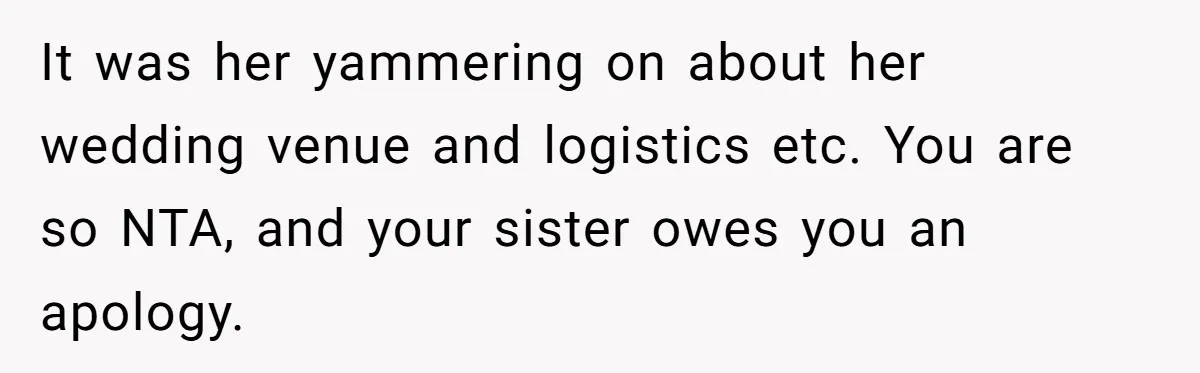 It was her yammering on about her wedding venue and logistics etc. You are so NTA, and your sister owes you an apology.