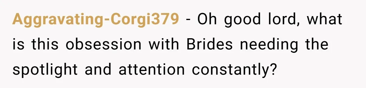 Aggravating-Corgi379 − Oh good lord, what is this obsession with Brides needing the spotlight and attention constantly?