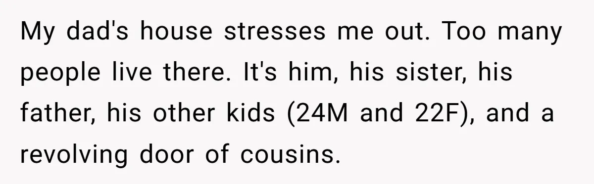 My dad's house stresses me out. Too many people live there. It's him, his sister, his father, his other kids (24M and 22F), and a revolving door of cousins.