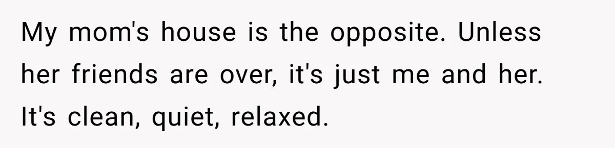 My mom's house is the opposite. Unless her friends are over, it's just me and her. It's clean, quiet, relaxed.