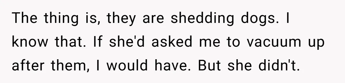 The thing is, they are shedding dogs. I know that. If she'd asked me to vacuum up after them, I would have. But she didn't.
