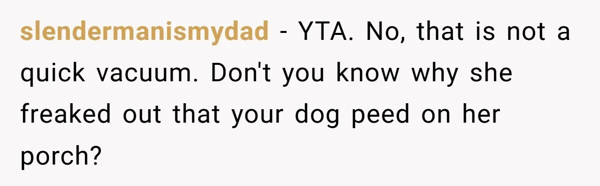 slendermanismydad − YTA. No, that is not a quick vacuum. Don't you know why she freaked out that your dog peed on her porch?