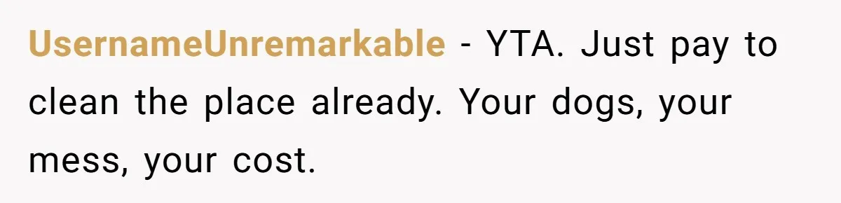 UsernameUnremarkable − YTA. Just pay to clean the place already. Your dogs, your mess, your cost.
