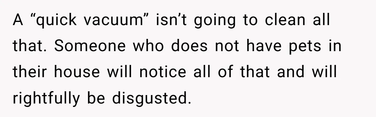 A “quick vacuum” isn’t going to clean all that. Someone who does not have pets in their house will notice all of that and will rightfully be disgusted.