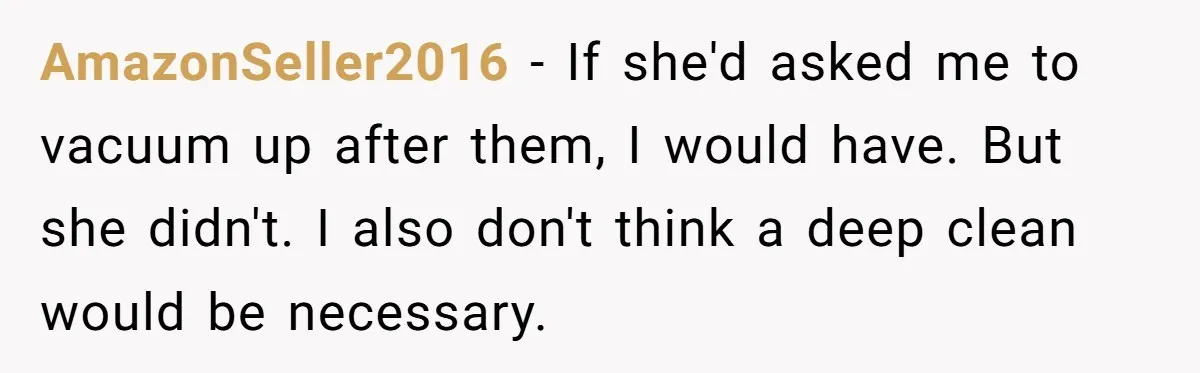 AmazonSeller2016 − If she'd asked me to vacuum up after them, I would have. But she didn't. I also don't think a deep clean would be necessary.