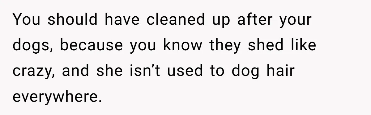 You should have cleaned up after your dogs, because you know they shed like crazy, and she isn’t used to dog hair everywhere.