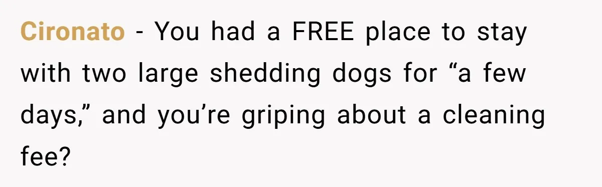 Cironato − You had a FREE place to stay with two large shedding dogs for “a few days,” and you’re griping about a cleaning fee?