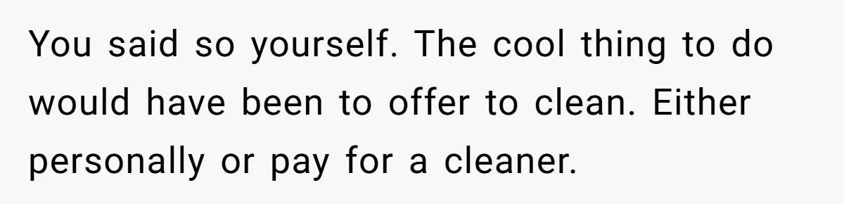 You said so yourself. The cool thing to do would have been to offer to clean. Either personally or pay for a cleaner.
