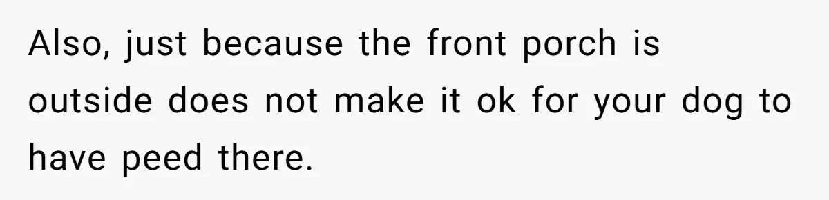 Also, just because the front porch is outside does not make it ok for your dog to have peed there.