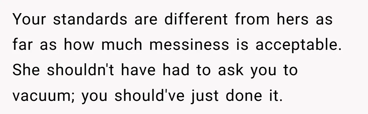 Your standards are different from hers as far as how much messiness is acceptable. She shouldn't have had to ask you to vacuum; you should've just done it.