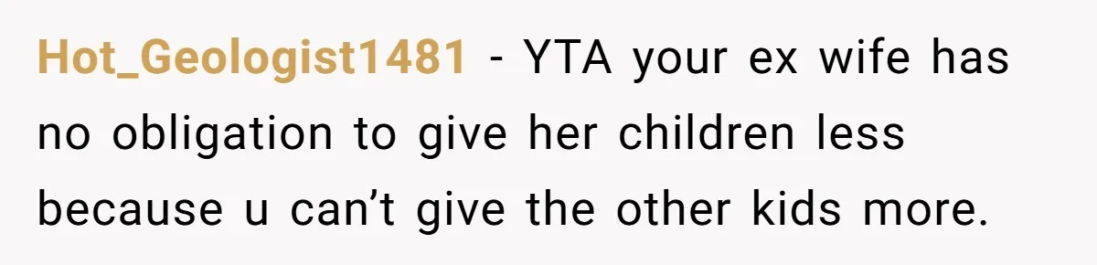 Hot_Geologist1481 − YTA your ex wife has no obligation to give her children less because u can’t give the other kids more.