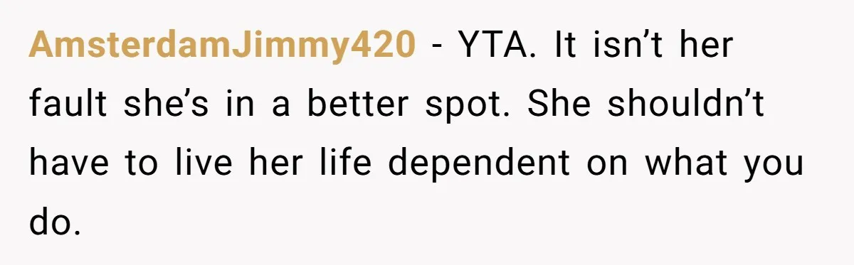 AmsterdamJimmy420 − YTA. It isn’t her fault she’s in a better spot. She shouldn’t have to live her life dependent on what you do.