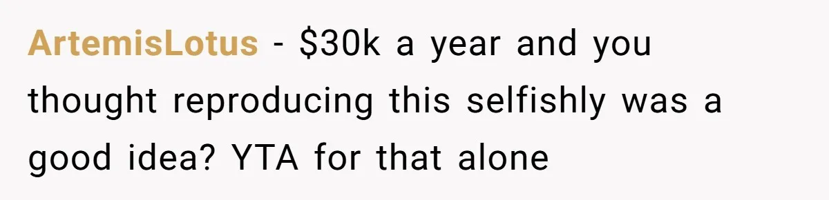 ArtemisLotus − $30k a year and you thought reproducing this selfishly was a good idea? YTA for that alone