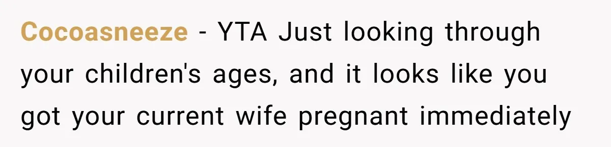 Cocoasneeze − YTA Just looking through your children's ages, and it looks like you got your current wife pregnant immediately