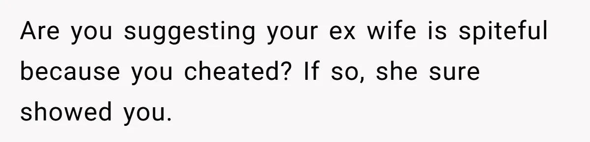 Are you suggesting your ex wife is spiteful because you cheated? If so, she sure showed you.