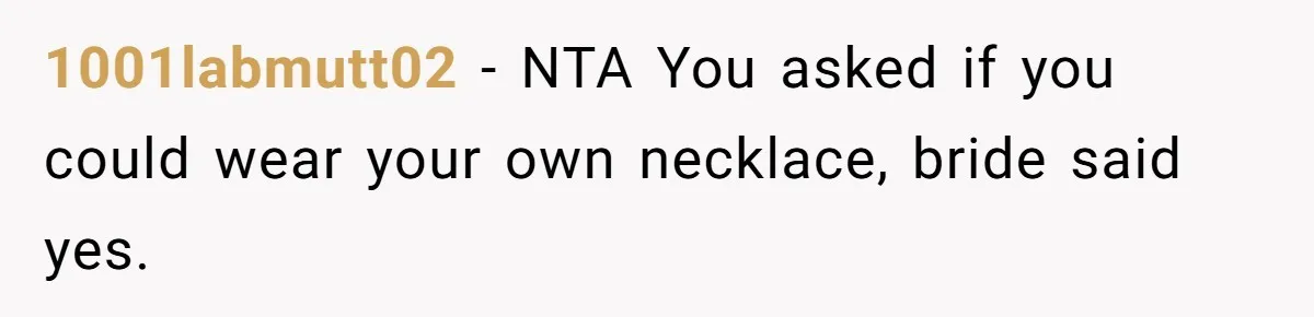 1001labmutt02 − NTA You asked if you could wear your own necklace, bride said yes.