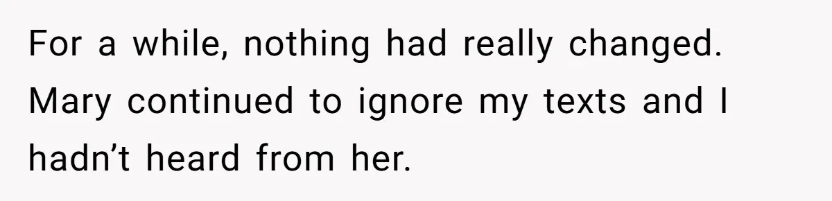 For a while, nothing had really changed. Mary continued to ignore my texts and I hadn’t heard from her.