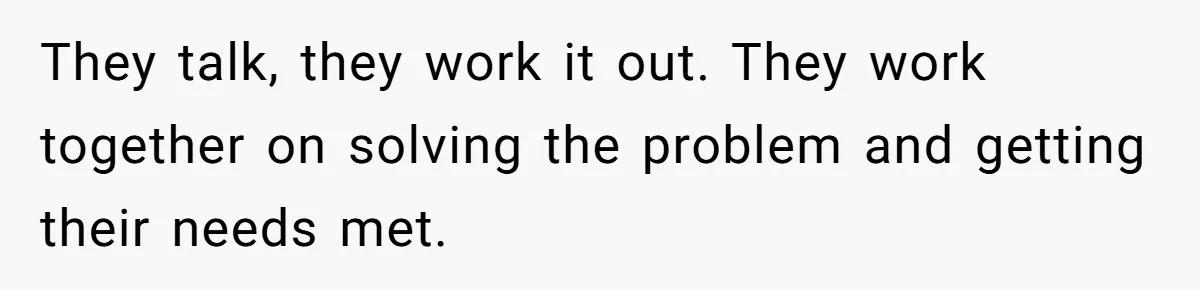 They talk, they work it out. They work together on solving the problem and getting their needs met.