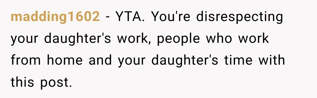 madding1602 − YTA. You're disrespecting your daughter's work, people who work from home and your daughter's time with this post.