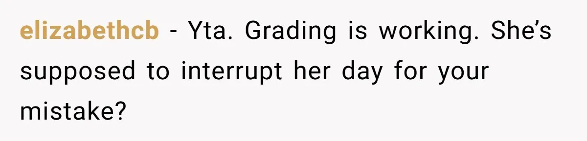 elizabethcb − Yta. Grading is working. She’s supposed to interrupt her day for your mistake?