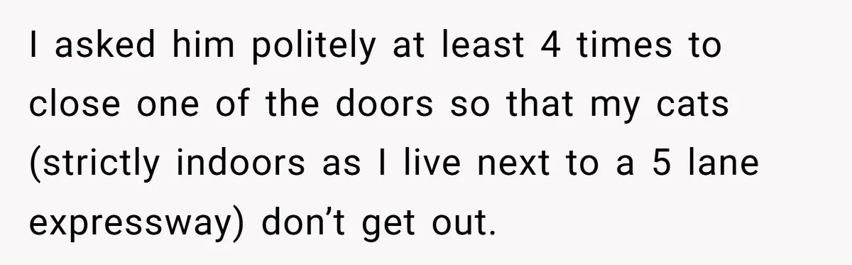 I asked him politely at least 4 times to close one of the doors so that my cats (strictly indoors as I live next to a 5 lane expressway) don’t...