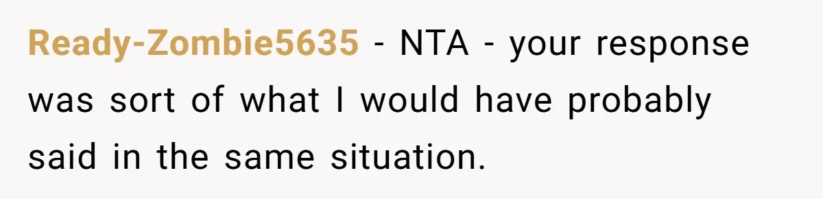 Ready-Zombie5635 − NTA - your response was sort of what I would have probably said in the same situation.