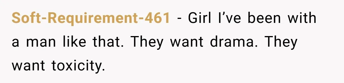 Soft-Requirement-461 − Girl I’ve been with a man like that. They want drama. They want toxicity.
