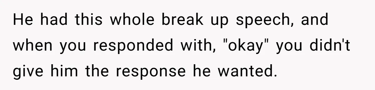 He had this whole break up speech, and when you responded with, "okay" you didn't give him the response he wanted.