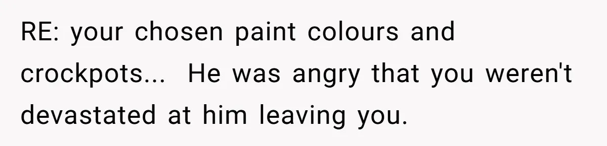 RE: your chosen paint colours and crockpots...  He was angry that you weren't devastated at him leaving you.